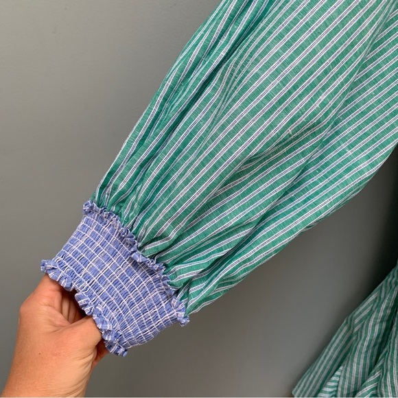 RHODE Olivia Striped Puff-Sleeve Linen Dress in Green Medium - Picture 3 of 10